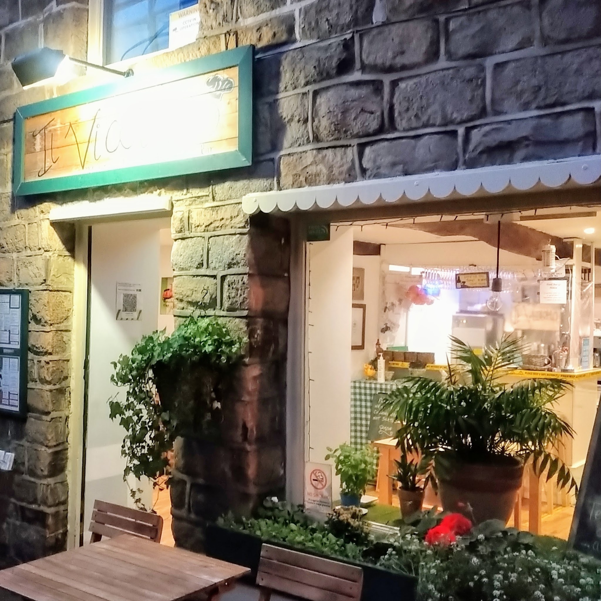 The warm, plant-filled entrance to Il Vicoletto on Mercury Row